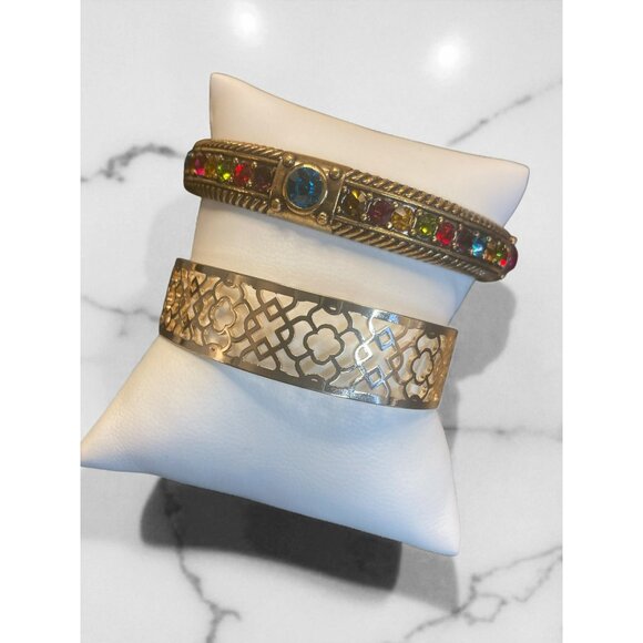 Two-Piece Gold-Tone Bangle Cuff Bracelet Set Multicolor Rhinestones -176 - Picture 1 of 6